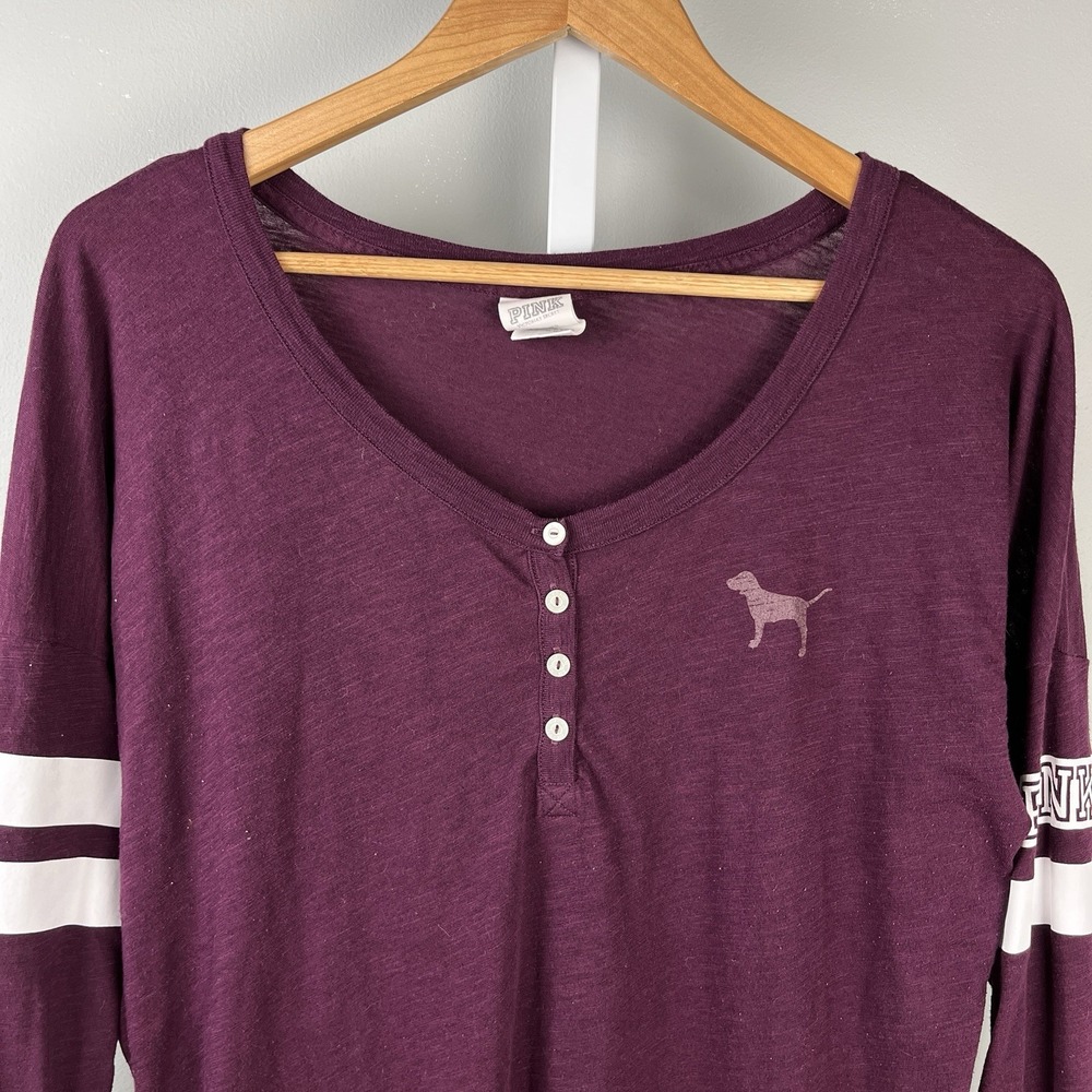 Victoria's Secret PINK Henley Shirt Top Womens XS Maroon‎ Red Long Sleeve